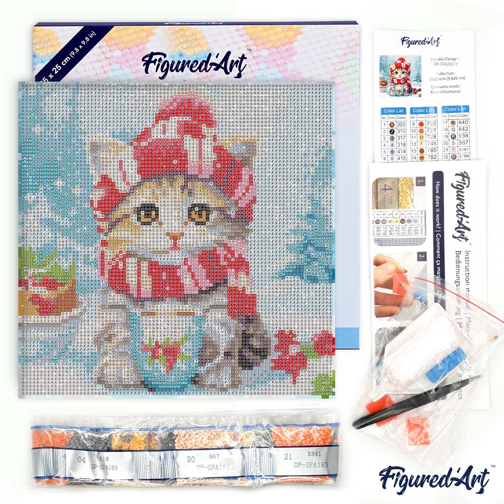 Pintar con Diamantes -Gato con Bujanda Roja- Bastidor 25 x 25 cm. Figured´Art