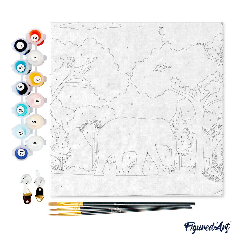 Pintar Por Números -Elefante en el Bosque Verde- Bastidor 20 x 20 cm. Figured´Art