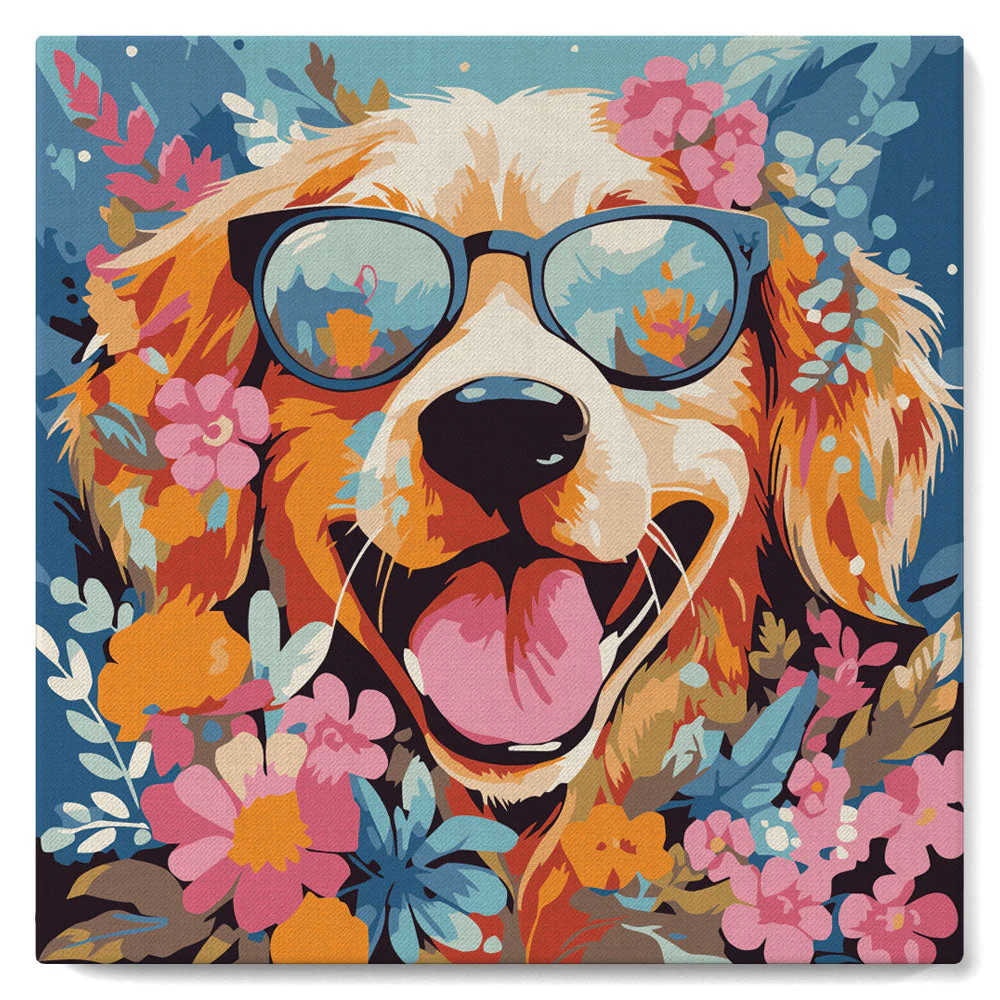 Pintar Por Números -Perro Fantasía con Flores- Bastidor 20 x 20 cm. Figured´Art