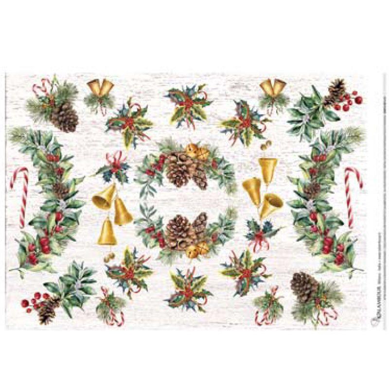 Papel Arroz Decorado 35 x 50 cm. -Navidad: Piñas, Acebo, Campanas- Calambour