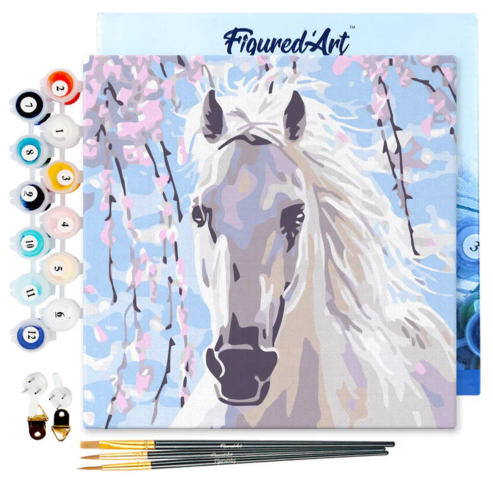 Pintar Por Números -Caballo y Flores Blancas- Bastidor 20 x 20 cm. Figured´Art