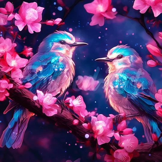 Pintar con Diamantes -Pájaros Azules y Rosas- Bastidor 25 x 25 cm. Figured´Art