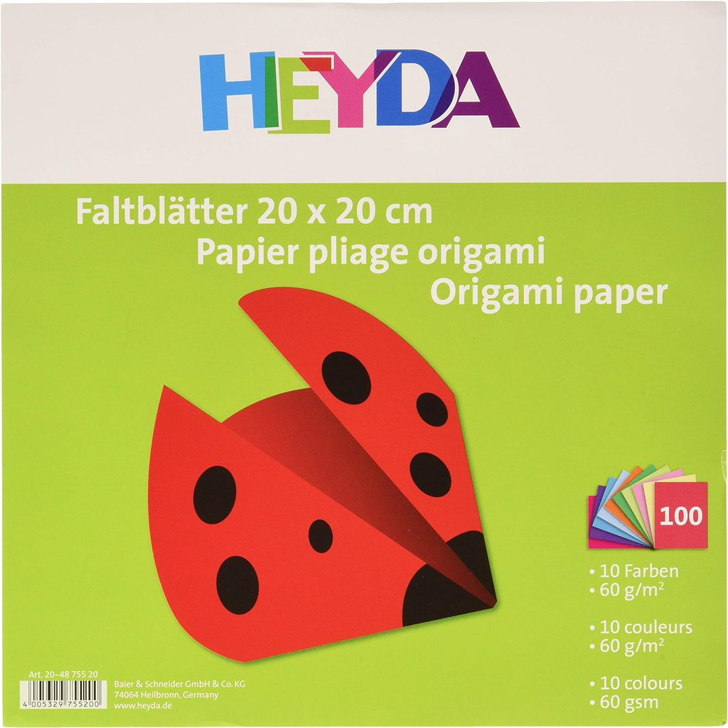 Set Papel Origami 100 Hojas 20 x 20 cm. 60 gr. 10 Colores Surtidos Heyda