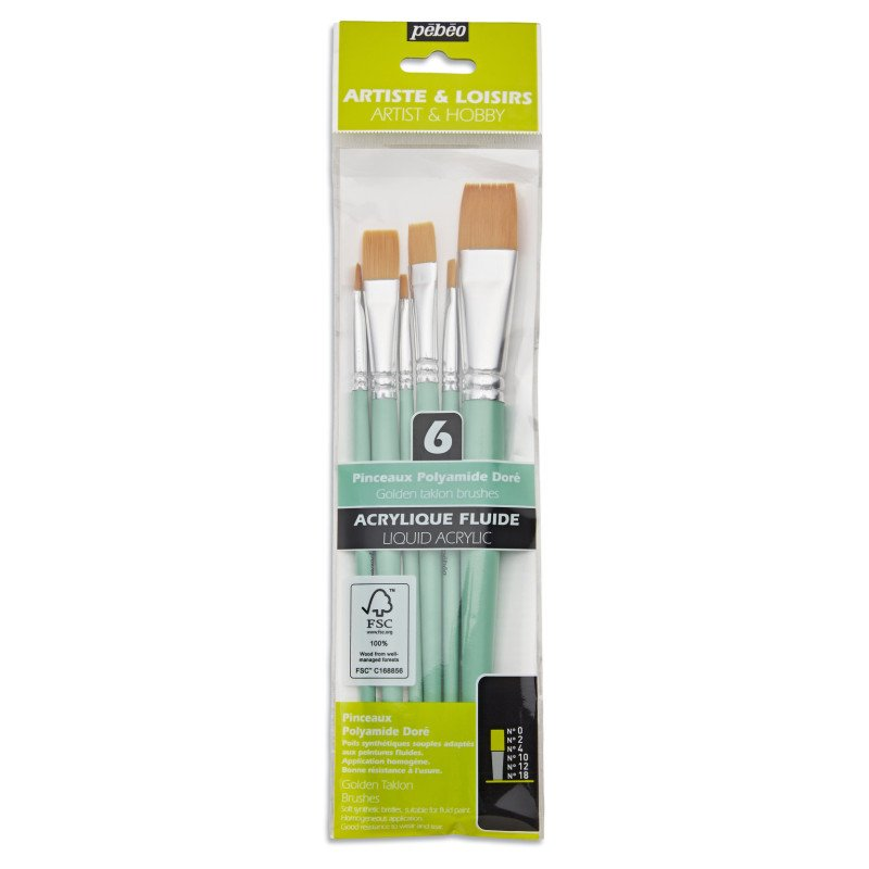 Set 6 Pincel Plano Polyamida Nº 0, 2, 4, 10, 12 y 18 Pebeo