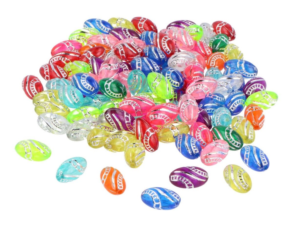 Cuentas Plástico Oliva Colores Decoradas Plata 13 x 8 mm. (500 pzs. aprox.)