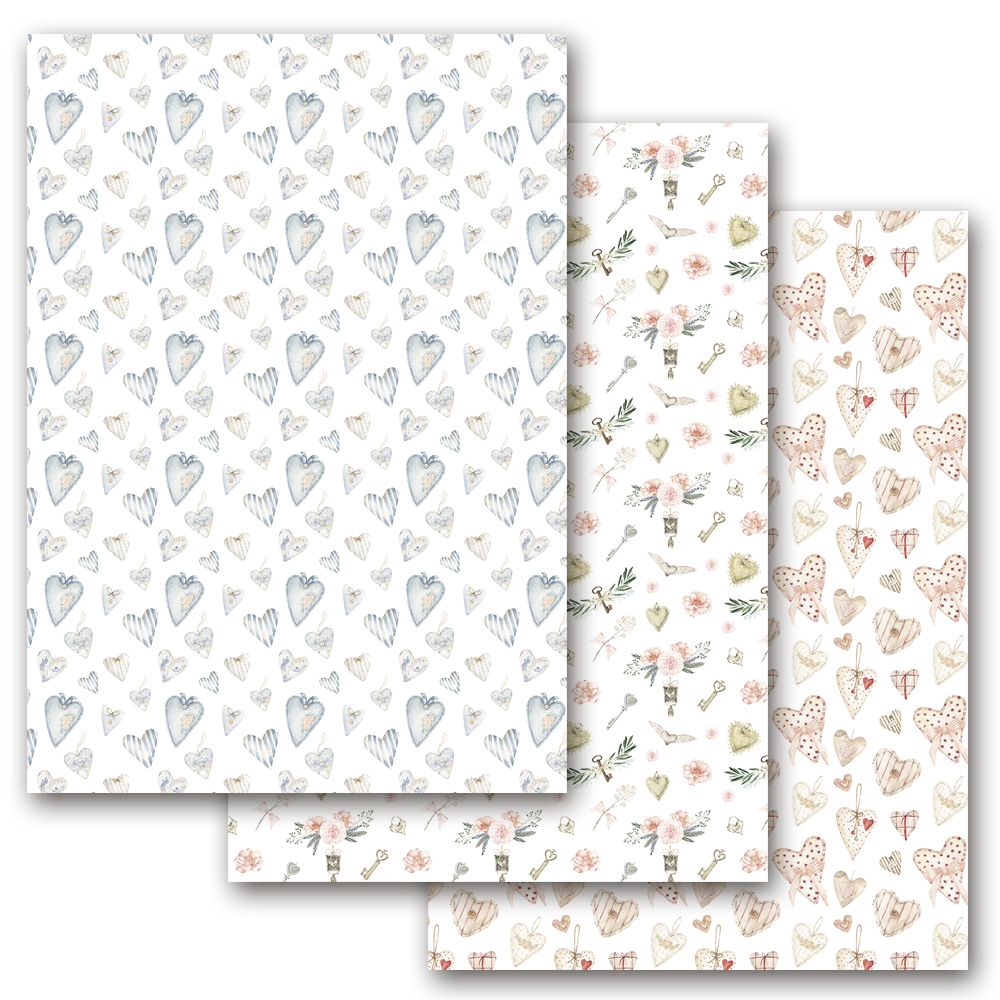 Set 3 Papel Cartonaje 32 x 45 cm. -Corazones Country- Artis Decor