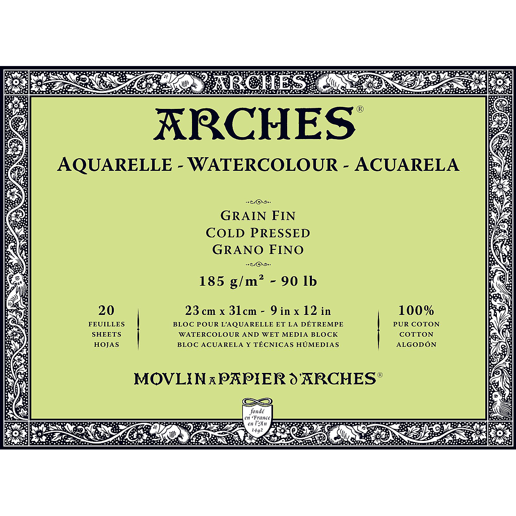 Bloc Acuarela 20 Hojas 23 x 31 cm. 185 gr. Grano Fino Engomado 4 Lados Arches