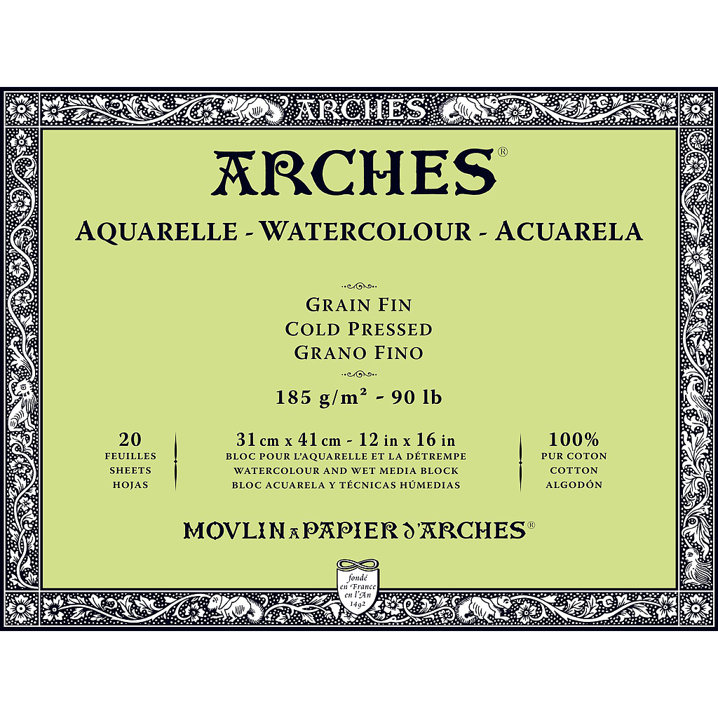 [1795055] Bloc Acuarela 20 Hojas 31 x 41 cm. 185 gr. Grano Fino Engomado 4 Lados Arches