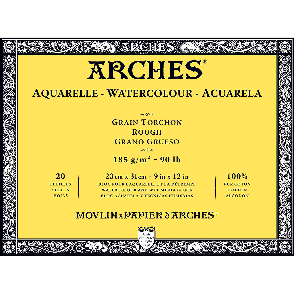 Bloc Acuarela 20 Hojas 23 x 31 cm. 185 gr. Grano Grueso Engomado 4 Lados Arches