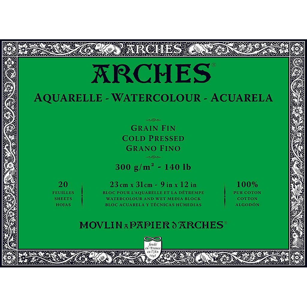 [1795060] Bloc Acuarela 20 Hojas 23 x 31 cm. 300 gr. Grano Fino Engomado 4 Lados Arches
