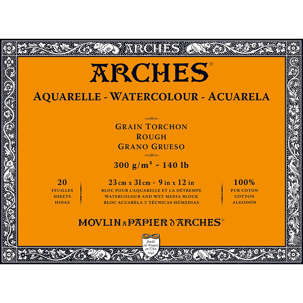Bloc Acuarela 20 Hojas 23 x 31 cm. 300 gr. Grano Grueso Engomado 4 Lados Arches