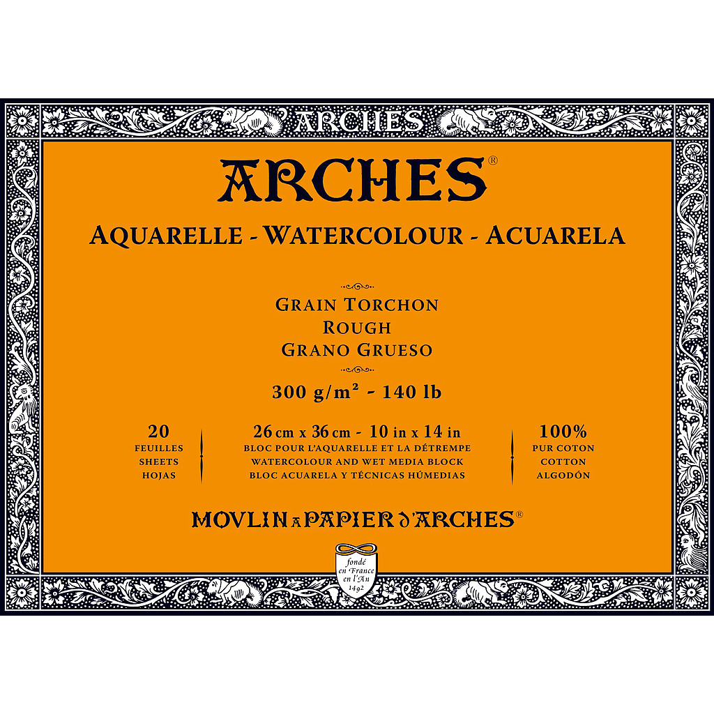 Bloc Acuarela 20 Hojas 26 x 36 cm. 300 gr. Grano Grueso Engomado 4 Lados Arches