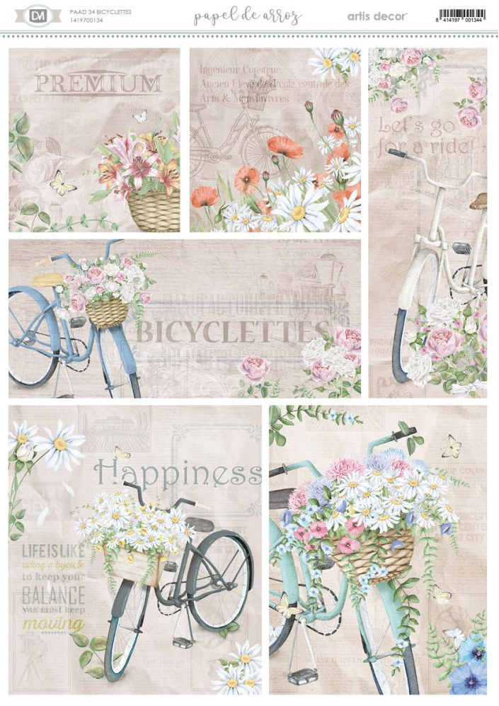 Papel de Arroz Decorado A3 29,7 x 42 cm. cm. -Bicyclettes- Artis Decor