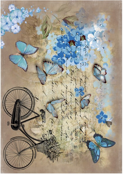 Papel Arroz Decorado 30x40 cm. -Mariposas Azules y Bici- Cadence