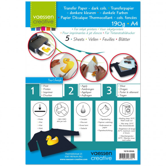 [1618-004A] Papel Impresora Transferible -Telas Oscuras- A4 (5 Hojas) Vaessen