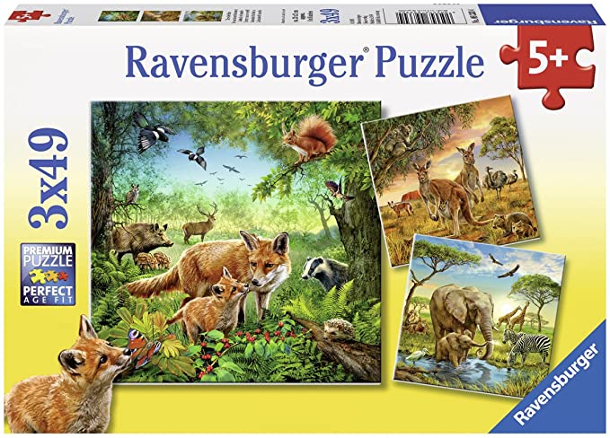 Puzzle 3 x 49 piezas -Animales del Mundo- Ravensburger