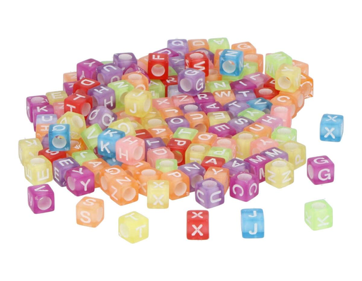 [99630] Cuentas Plástico 6 mm. Cubos Colores Surtidos -Letras- (1000 pzs. Aprox.)