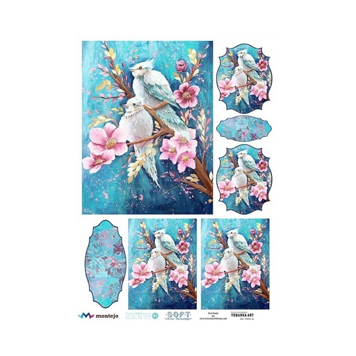 [YBK0004] Papel Arroz Decorado 30x40 cm. -Pájaros Fondo Azul- Yobanka Art