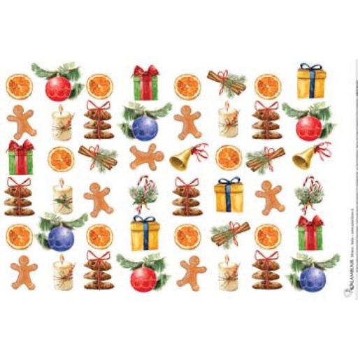 [23909461] Papel Arroz Decorado 35 x 50 cm. -Navidad: Regalos, Dulces, Arbol- Calambour