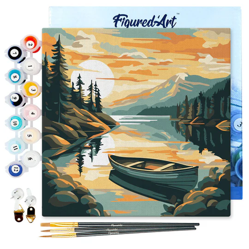 [SFA226-Y] Pintar Por Números -Lago de Montaña y Canoa- Bastidor 20 x 20 cm. Figured´Art