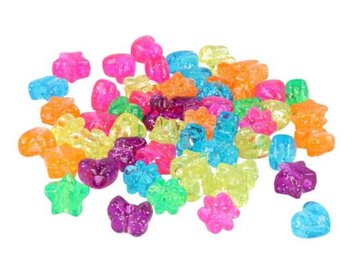 [E4595-MP-S500] Cuentas Plástico Mix Formas Multicolor Transparente Glitter (500 pzs.)