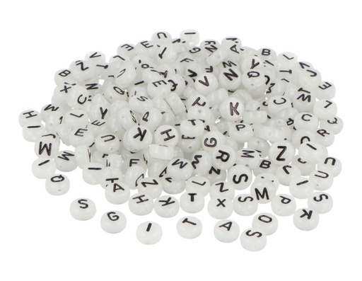 [E6772] Cuentas Plástico 7 mm. Redondas Fosforescentes -Letras- (1200 pzs.)
