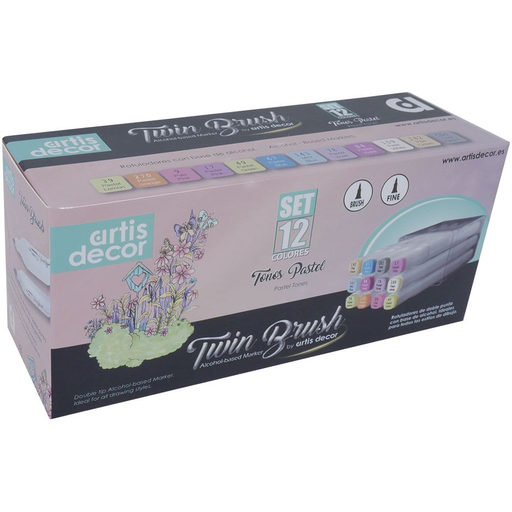 [0616300012] Rotuladores -Twin Brush- Doble Punta Base Alcohol (12 Colores Pastel) Artis Decor
