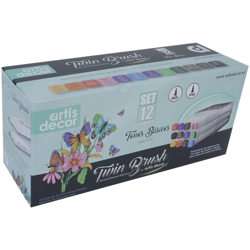[0616300011] Rotuladores -Twin Brush- Doble Punta Base Alcohol (12 Colores Básicos) Artis Decor