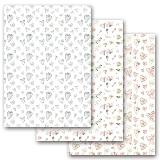 [1419610003] Set 3 Papel Cartonaje 32 x 45 cm. -Corazones Country- Artis Decor