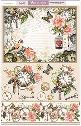 [ARR-07] Papel Arroz 30 x 40 cm. -Motivo Floral, Pajarito, Reloj y Plumas- Dayka  