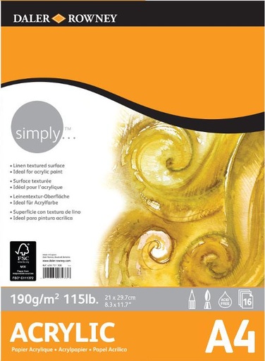 [436731400] Bloc Acrílico 16 Hojas A4 21 x 29,7 cm. 190 gr. Encolado Simply Daler-Rowney