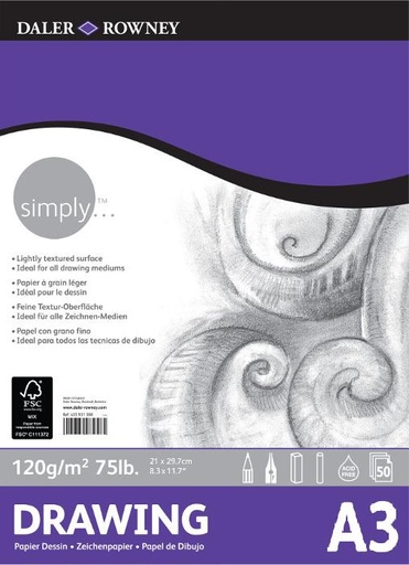 [435931300] Bloc Dibujo 50 Hojas A3 29,7 x 42 cm. 120 gr. Encolado Simply Daler-Rowney