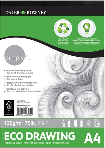 [435933400] Bloc Dibujo Ecológico 50 Hojas A4 21 x 29,7 cm. 120 gr. Encolado Simply Daler-Rowney
