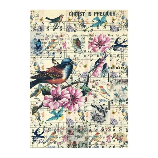 [888136] Papel Arroz Decorado 30x40 cm. -Partituras y Aves- Cadence
