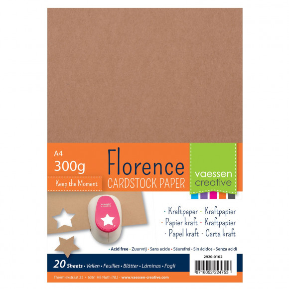 [2920-0102] Pack 20 Hojas Papel Kraft Marrón A4 21 x 29,7 mm. 300 gr. -Florence- Vaessen