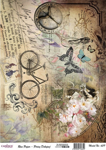 [PA639] Papel Arroz Decorado 30x40 cm. -Bici y Mariposa- Cadence