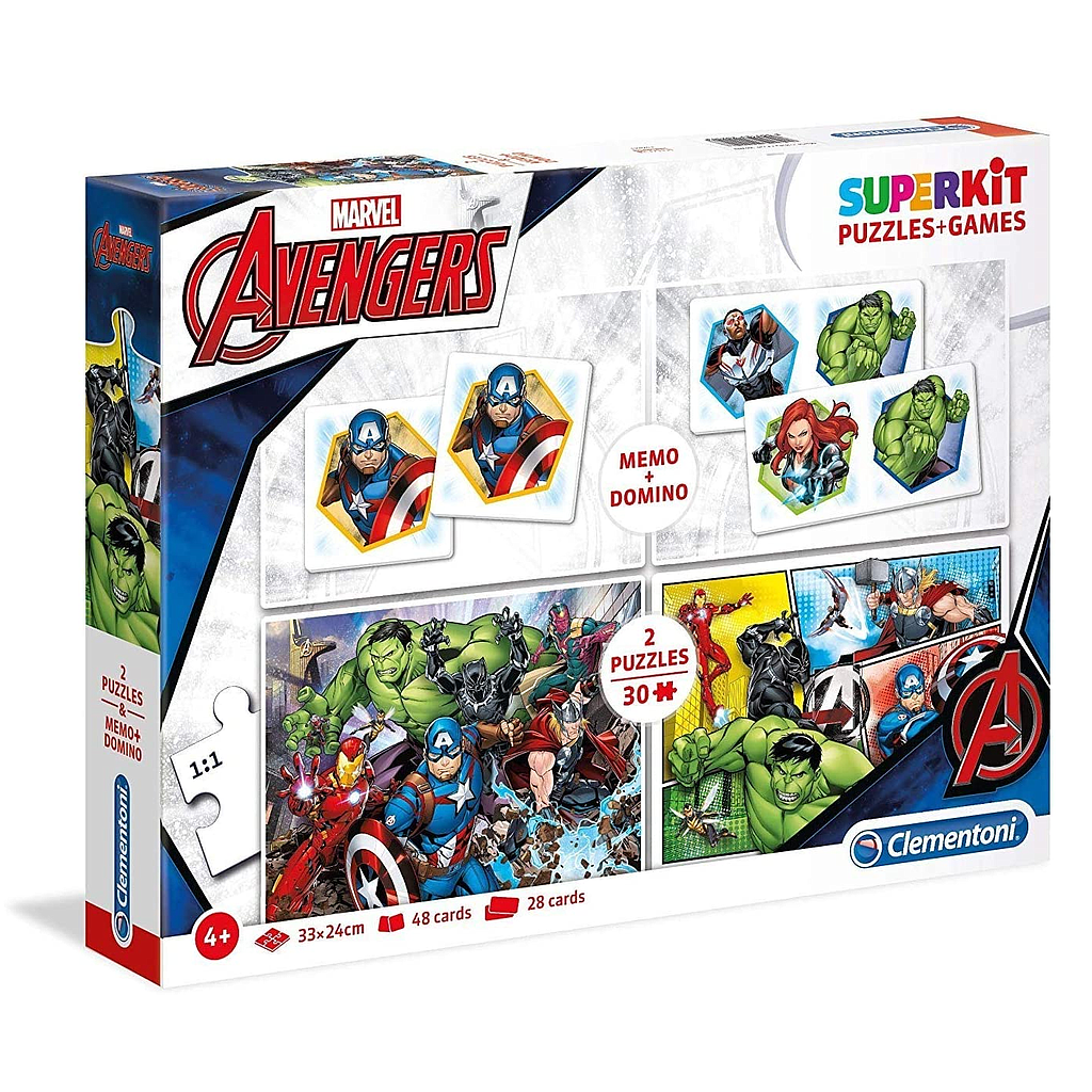 [20209 6] Set Puzzles 2 x 30 piezas + Memo + Dominó 60 piezas -The Avengers- Clementoni