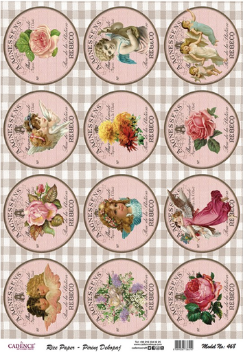 [PA468] Papel Arroz Decorado 30x40 cm. -Etiquetas Rosas Angeles- Cadence