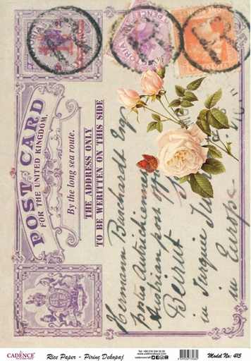 [PA415] Papel Arroz Decorado 30x40 cm. -Postcard Violeta- Cadence