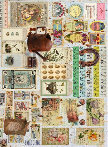 [PA323] Papel Arroz Decorado 30x40 cm. -Etiquetas Vintage- Cadence